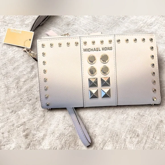 Michael Kors Optic White, Double Zip Leather Wristlet, Designer NWT, Gold Stud
