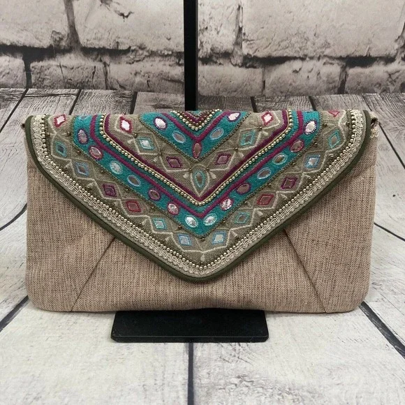 Chico's Jerri‎ Clutch Embellished Embroidered Chain Bag Turquoise Tan New