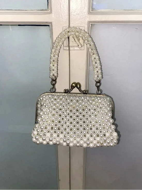 Pearl Beaded Ivory Evening Clutch with Top Handle