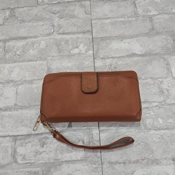 Women Wristlet Wallet Zip Around‎ Handbag Brown Leather? Gold Lined Fabric 9x5