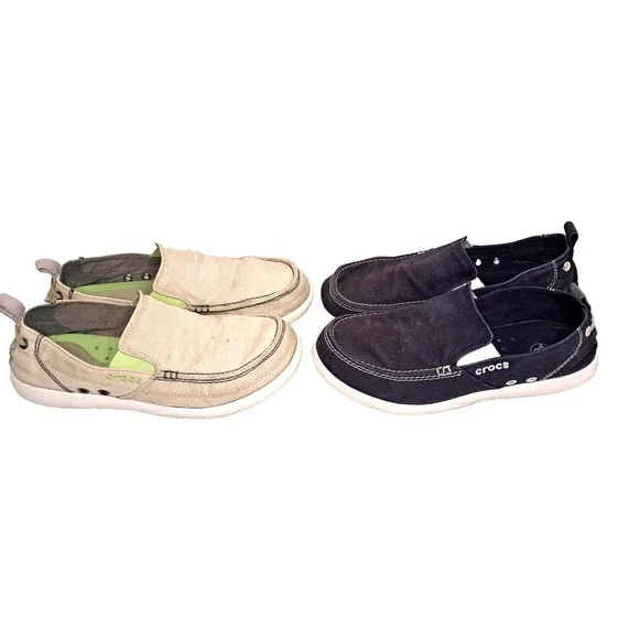 2 Pair CROCS Walu Slip-on Loafers Boat Shoes Mens 8M Navy Beige Flaws