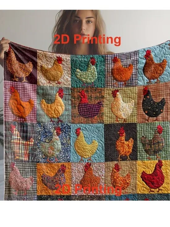 NWT Vintage Farmhouse Chicken Faux Patchwork Print Velour Feel Fleece Throw 40x5