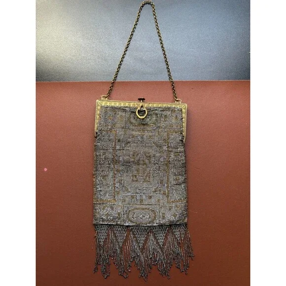 Antique FRENCH Art Deco Gold Silver Handmade Steel Beaded Fringe Flapper Purse
