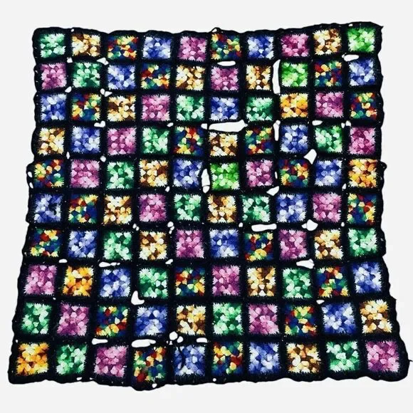 Vintage Handmade Crochet Colorful Granny Square Afghan Throw 35 x 34 Couch Sofa