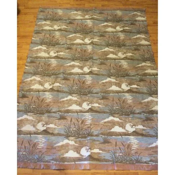 Vintage Throw Blanket Satin Edge Trim Nature Lake Pond Mountains Water Made USA