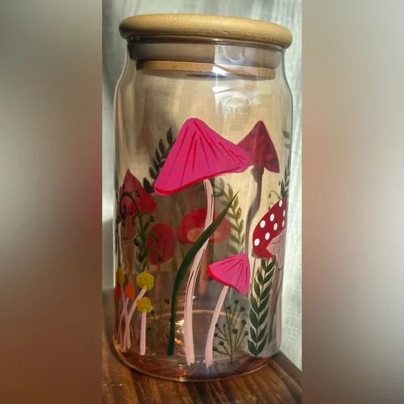 Mushroom Glass Canister Amber Jar Bamboo Lid Cottagecore Decor