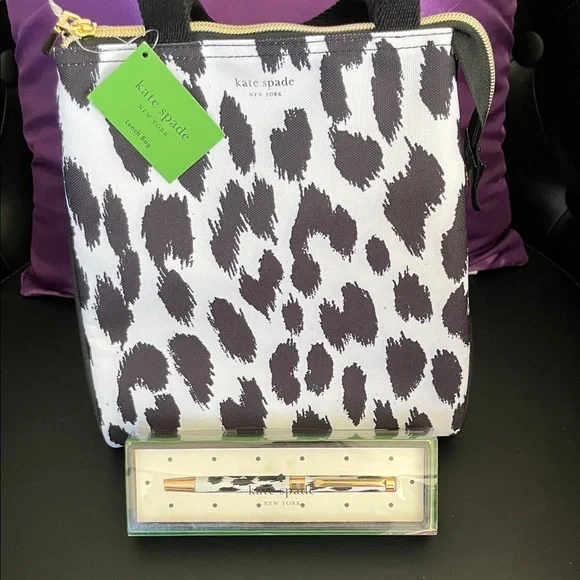 Kate Spade Black and White Animal Print Lunch Tote and Matching Ink Pen