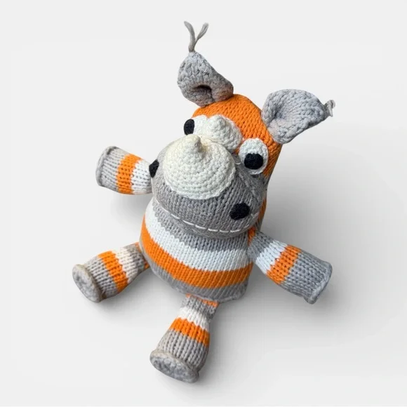 Little Ndaba Knit Rhino Stuffed Animal 7” Orange Gray Striped
