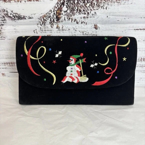 Vintage Velvet Christmas Clutch Purse Bag Black Snowman‎ Party Festive Gift