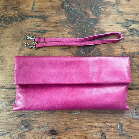 Lumiani Pink Leather Foldover Clutch & Strap NEW