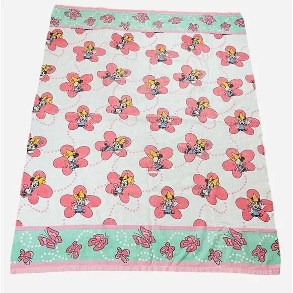 RARE Vintage 1980s Disney Minnie Mouse Satin Edge Blanket 89 x 70 Butterflies