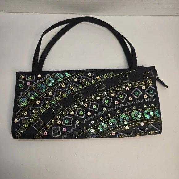 Vtg Beaded Sequin Black Satin Evening Clutch‎ Bag Green Gold Geometric Handbag