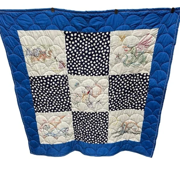 Vintage Hand stitched dragon quilt whimisical fairytale blanket