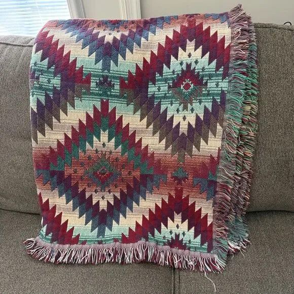 Goodwin Weavers Tapestry Throw Blanket 48x56 Cotton Fringe Aztec Tribal Cottage