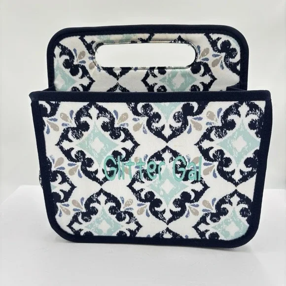 Thirty One Double Duty Caddy Blue White Geometric Pattern Glitter Gal Embroidery