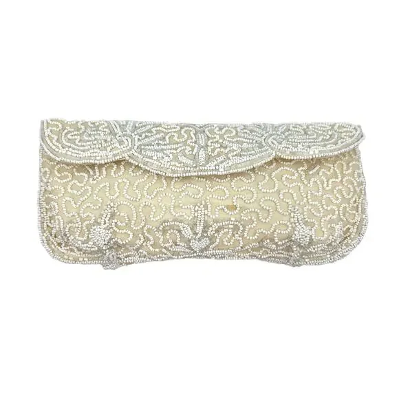 Vintage White Beaded Clutch Bag by Cecile