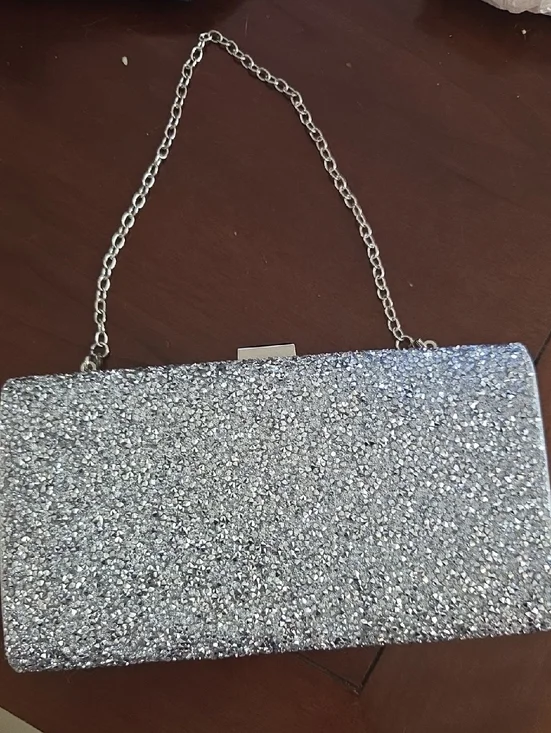 Silver Glitter Evening Clutch with Chain Strap