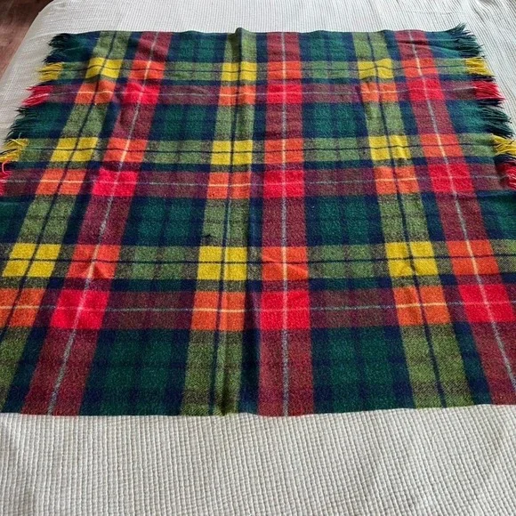 Vintage Tartan Plaid Wool‎ Blanket Throw Fringe Red Green Yellow Blue Cozy 47x50