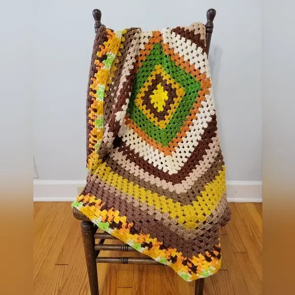 Handmade Crochet Granny Square Afghan Throw Blanket‎ Earthy Greens & Browns Fall