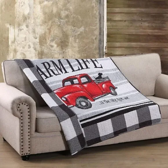 NEW! Farmhouse Vintage Red Truck Quilted Throw Blanket Farm Life Country Lodge