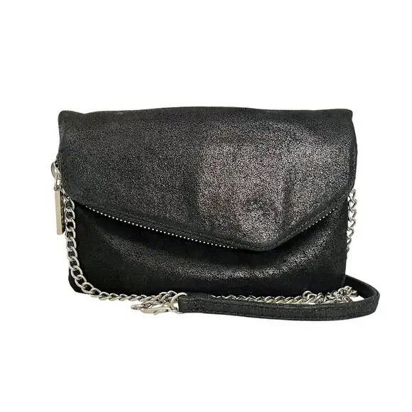 HOBO Zara Shimmering Black Metallic Leather Crossbody Evening Bag Clutch Purse