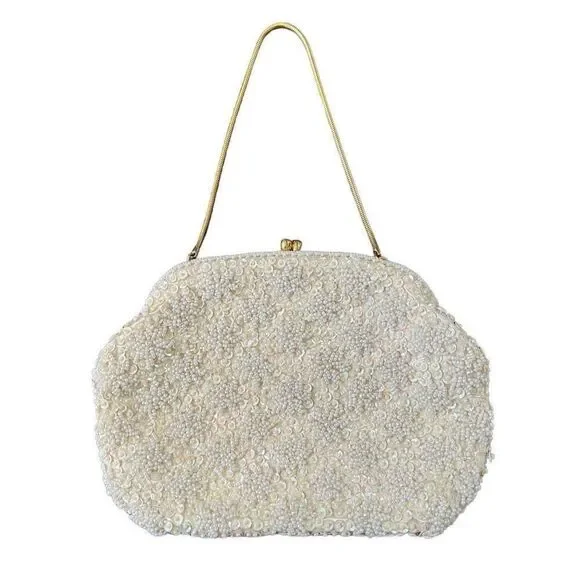 Antique Intricately Beaded Ivory Evening Clutch
