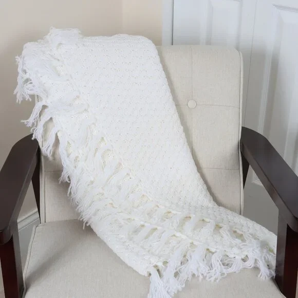 White Crochet Blanket with Tassels, Handmade