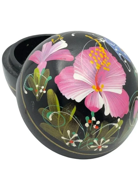 Hand-Painted Pink Black Wooden Trinket Box Sphere Floral Design 3