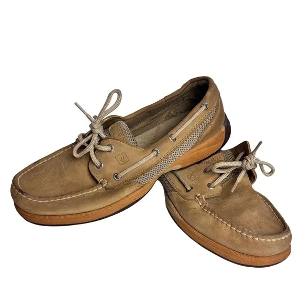 Sperry Top-Sider Men Tan Leather Mesh Boat Shoes Loafers Deck Fisherman Preppy 9