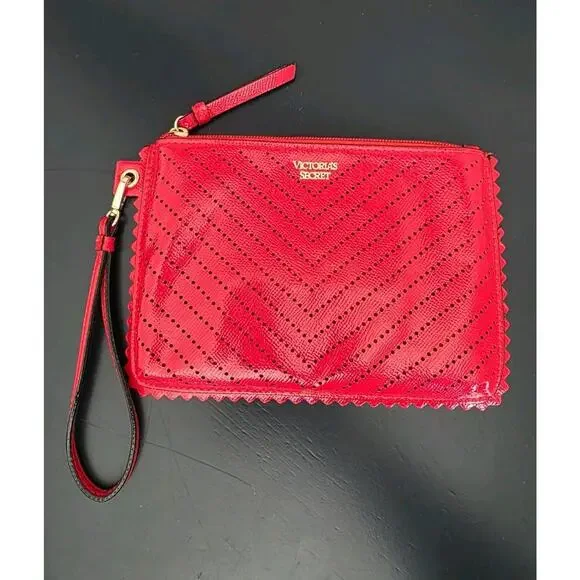 Victorias Secret Wristlet Red Clutch Purse‎ With Closure Chevron Dot Pattern