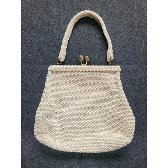 Vintage 50s 60s Corde Lumured Bead White Ivory Kisslock‎ Handbag Purse