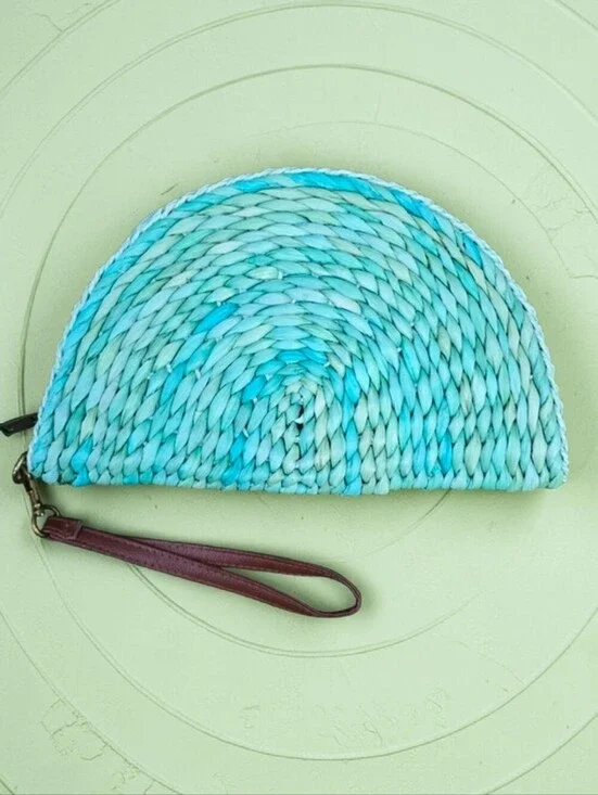 3am Forever Half Moon Blue Sea Glass Dyed Woven Straw Clutch w\ Leather Strap