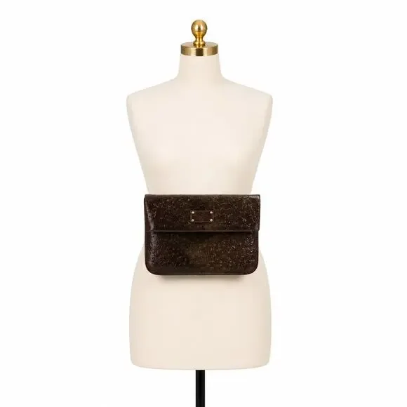 Nordstrom Brown Ostrich Embossed Faux Leather Foldover Clutch Bag Handbag EUC