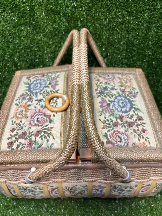 Vintage Floral Tapestry Sewing Basket in Beige and Pink