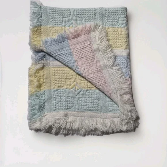 Vintage Pastel‎ Hearts Baby Blanket Fringe Waffle Knit Pink Blue Unisex