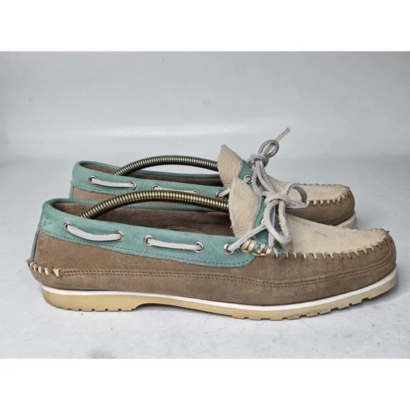 GH Bass Men's Boat Shoes Size 8.5 Brown Teal Beige Suede Slip On Arch Loafers