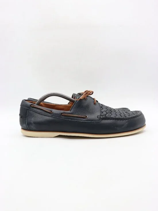 Bottega Veneta Boat Shoes Men's Size EU 44.5 Navy Leather Lace Up Loafers Italy
