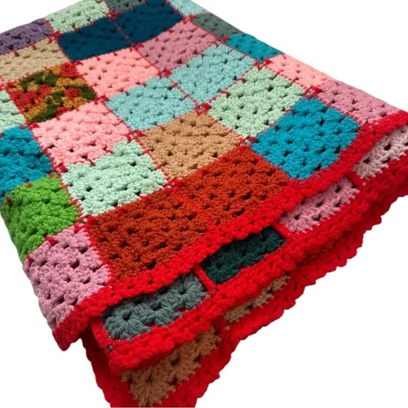 Handmade Crochet Afghan Throw Multicolored Granny Square Blanket 43x136