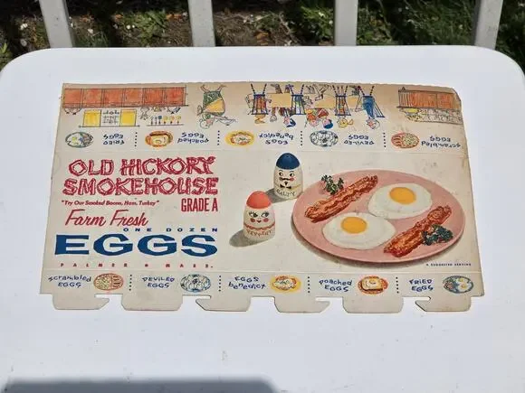 vintage 1950s Old Hickory Smokehouse Egg Carton, unused old stock, nice graphics