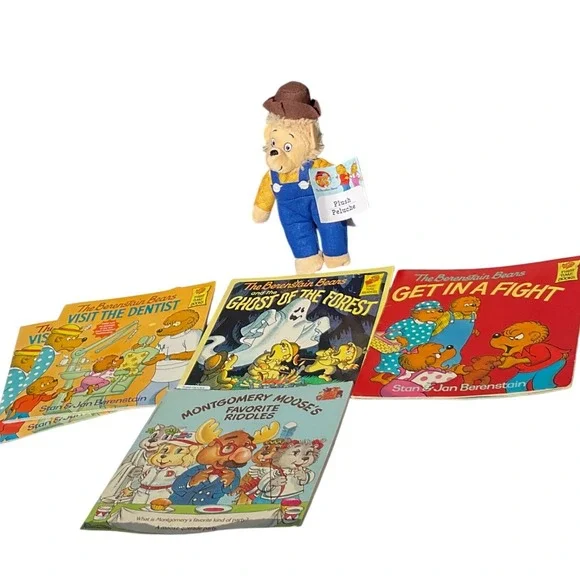 Berenstain Bears Book Lot with Father Bear Plush Toy 5 Books Vintage Multicolor