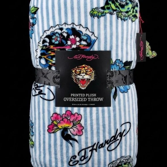 Ed Hardy Light Blue & White Striped Floral Tiger Plush Throw