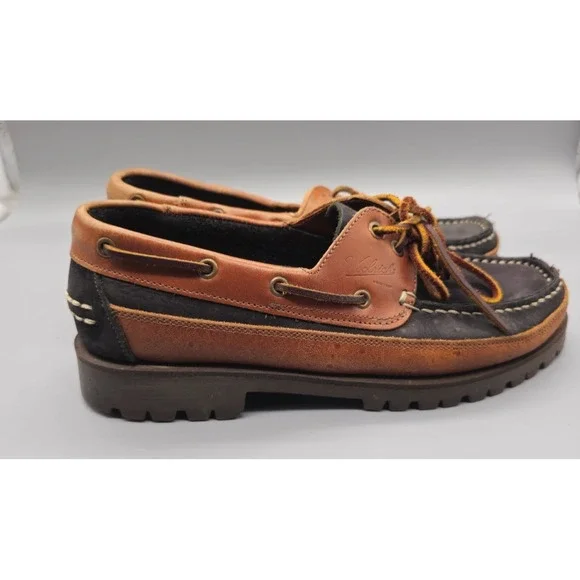 WOOLRICH Men's Navy Brown Leather Boat Loafers Shoes Size 7 Made in Italy