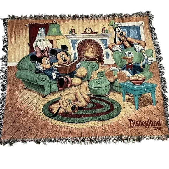 Disneyland Resort Mickey Mouse Tapestry Blanket 60”x50” Goofy Donald with Fringe