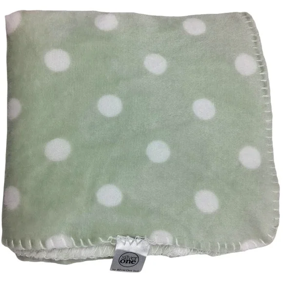 Silver‎ One Green White Polka Dot Baby Blanket Soft Fleece Stitched Edges Unisex