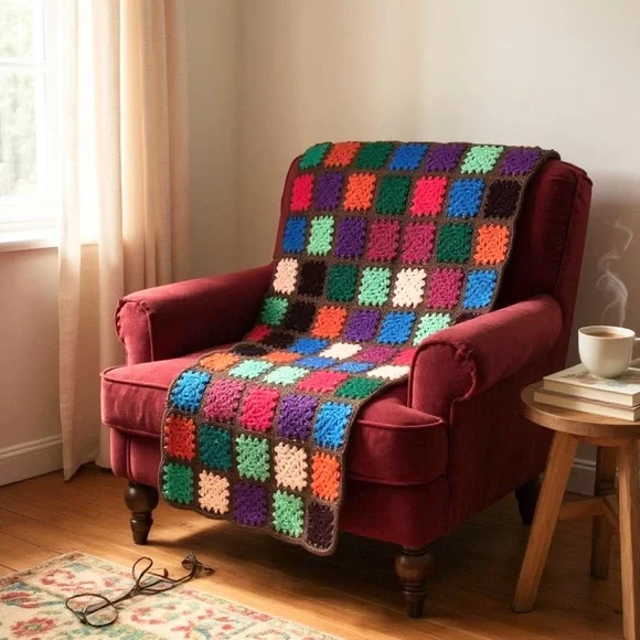 Granny Square Handmade Crochet Throw Brown Multi Chunky Funky‎ Bohemian Vintage
