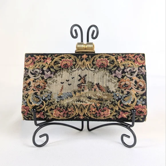 Vintage Armando del Storti Needlepoint Tapestry Clutch Italian Windmill Brass