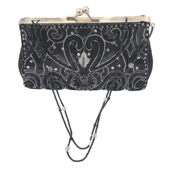 Valerie Stevens Black Beaded Sequin Clutch Evening Handbag Kiss Lock Chain Strap