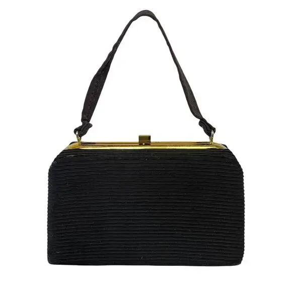 1950s Vintage Black Pleated Faille Top Handle Frame Handbag