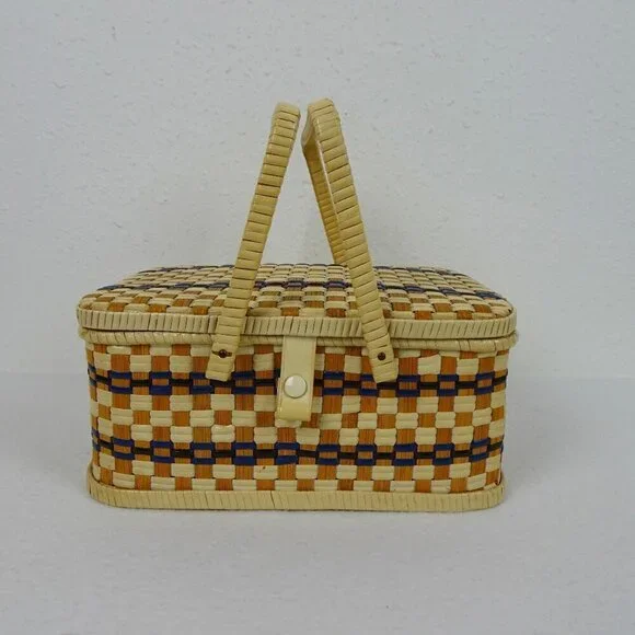Vintage Wicker Woven Sewing Box Basket Beige Tan Ratan Lined