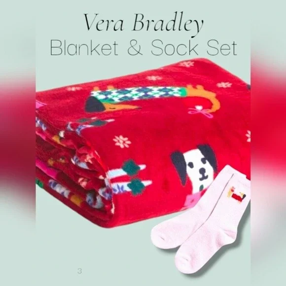 Vera Bradley Fleece‎ Blanket Sock Set Dogs Holiday Hounds Red Plush Cozy 50x80